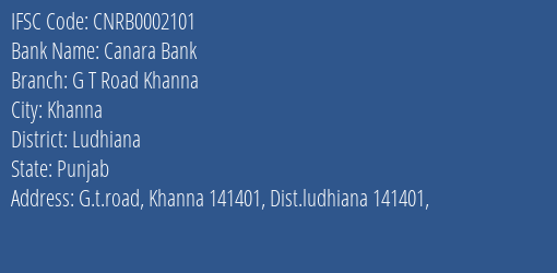 Canara Bank G T Road Khanna Branch Ludhiana IFSC Code CNRB0002101