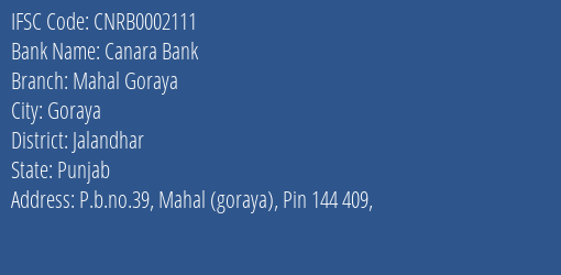 Canara Bank Mahal Goraya Branch Jalandhar IFSC Code CNRB0002111