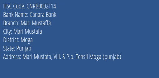 Canara Bank Mari Mustaffa Branch, Branch Code 002114 & IFSC Code CNRB0002114