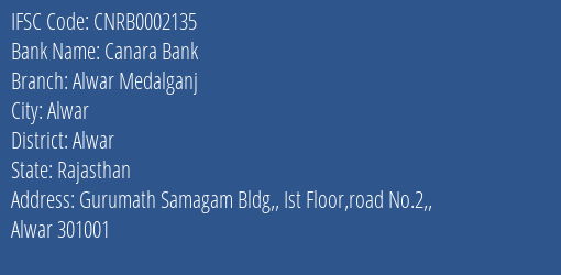 Canara Bank Alwar Medalganj Branch, Branch Code 002135 & IFSC Code CNRB0002135