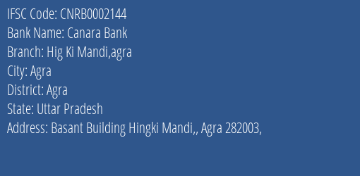 Canara Bank Hig Ki Mandi Agra Branch Agra IFSC Code CNRB0002144