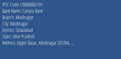 Canara Bank Modinagar Branch, Branch Code 002191 & IFSC Code CNRB0002191