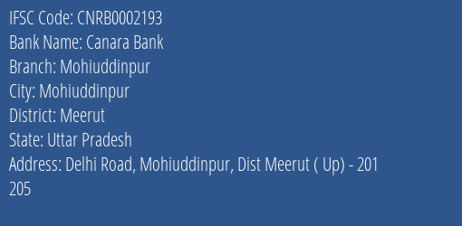 Canara Bank Mohiuddinpur Branch Meerut IFSC Code CNRB0002193