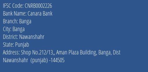 Canara Bank Banga Branch Nawanshahr IFSC Code CNRB0002226