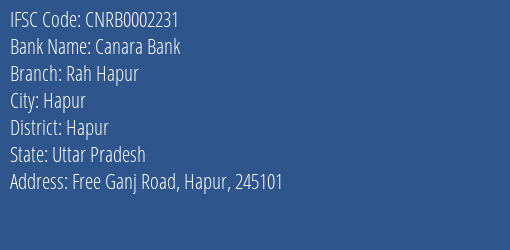 Canara Bank Rah Hapur Branch, Branch Code 002231 & IFSC Code CNRB0002231