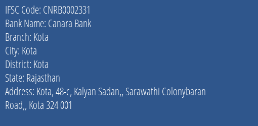 Canara Bank Kota Branch, Branch Code 002331 & IFSC Code CNRB0002331