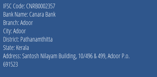Canara Bank Adoor Branch Pathanamthitta IFSC Code CNRB0002357