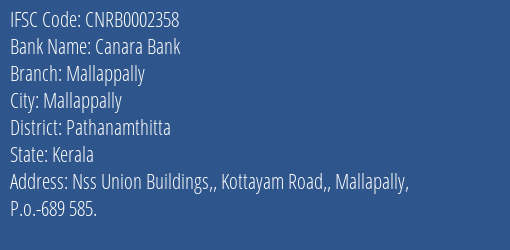 Canara Bank Mallappally Branch Pathanamthitta IFSC Code CNRB0002358