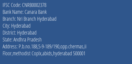 Canara Bank Nri Branch Hyderabad Branch Hyderabad IFSC Code CNRB0002378