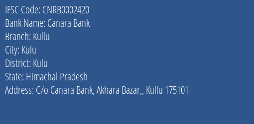 Canara Bank Kullu Branch Kulu IFSC Code CNRB0002420