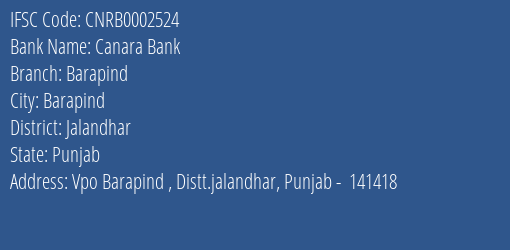 Canara Bank Barapind Branch Jalandhar IFSC Code CNRB0002524