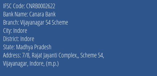 Canara Bank Vijayanagar 54 Scheme Branch, Branch Code 002622 & IFSC Code CNRB0002622