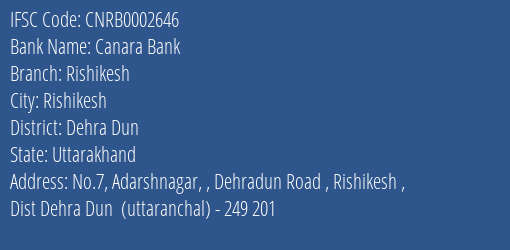Canara Bank Rishikesh Branch Dehra Dun IFSC Code CNRB0002646