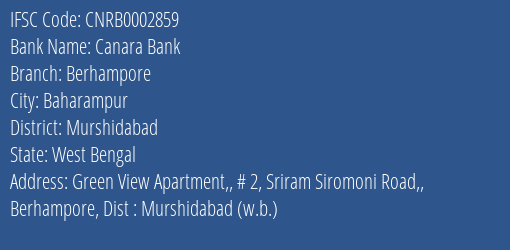Canara Bank Berhampore Branch Murshidabad IFSC Code CNRB0002859