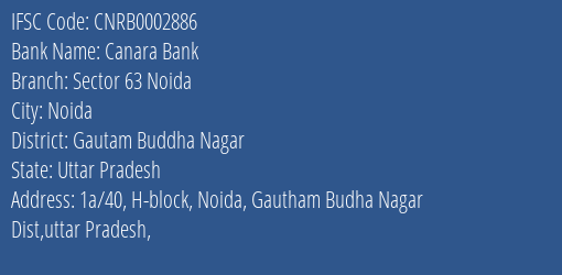 Canara Bank Sector 63 Noida Branch Gautam Buddha Nagar IFSC Code CNRB0002886