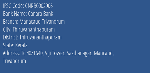 Canara Bank Manacaud Trivandrum Branch, Branch Code 002906 & IFSC Code CNRB0002906