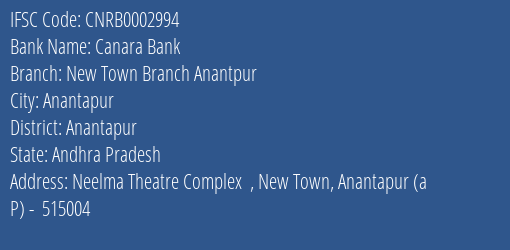 Canara Bank New Town Branch Anantpur Branch IFSC Code