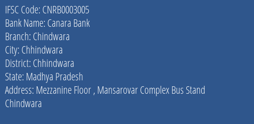 Canara Bank Chindwara Branch, Branch Code 003005 & IFSC Code CNRB0003005