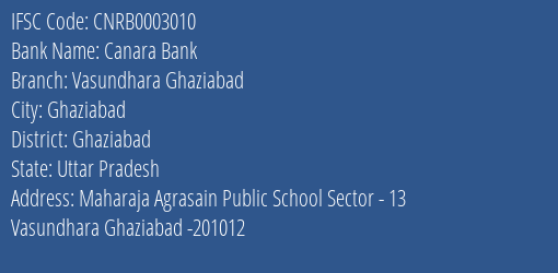 Canara Bank Vasundhara Ghaziabad Branch, Branch Code 003010 & IFSC Code CNRB0003010