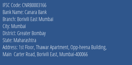 Canara Bank Borivili East Mumbai Branch Greater Bombay IFSC Code CNRB0003166