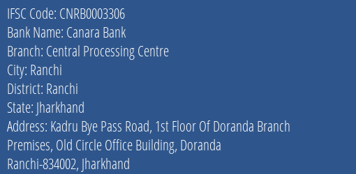 Canara Bank Central Processing Centre Branch Ranchi IFSC Code CNRB0003306