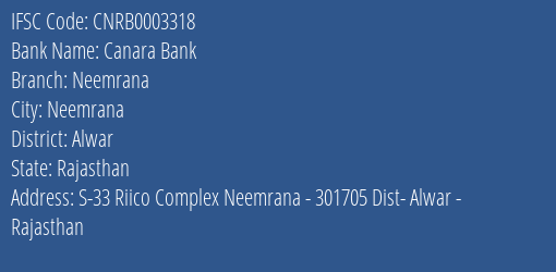 Canara Bank Neemrana Branch Alwar IFSC Code CNRB0003318