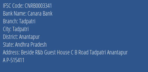 Canara Bank Tadpatri Branch, Branch Code 003341 & IFSC Code CNRB0003341