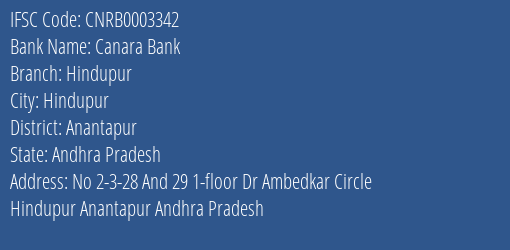 Canara Bank Hindupur Branch, Branch Code 003342 & IFSC Code CNRB0003342
