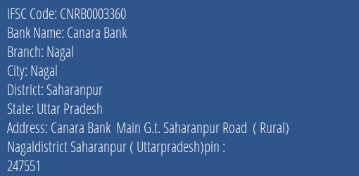 Canara Bank Nagal Branch Saharanpur IFSC Code CNRB0003360