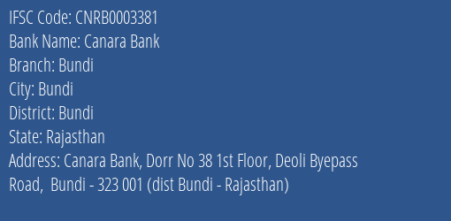Canara Bank Bundi Branch, Branch Code 003381 & IFSC Code CNRB0003381
