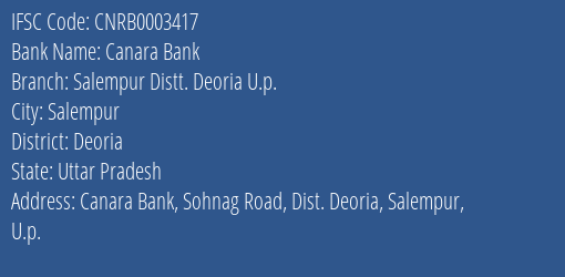 Canara Bank Salempur Distt. Deoria U.p. Branch Deoria IFSC Code CNRB0003417
