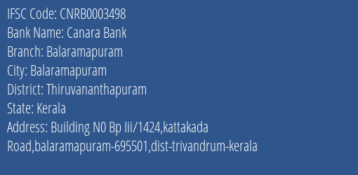 Canara Bank Balaramapuram Branch, Branch Code 003498 & IFSC Code CNRB0003498