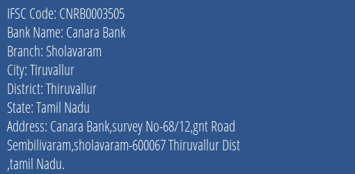 Canara Bank Sholavaram Branch Thiruvallur IFSC Code CNRB0003505