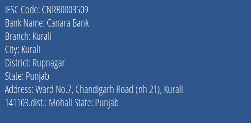 Canara Bank Kurali Branch Rupnagar IFSC Code CNRB0003509