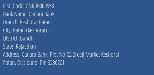 Canara Bank Keshorai Patan Branch Bundi IFSC Code CNRB0003558