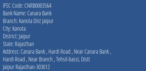 Canara Bank Kanota Dist Jaipur Branch Jaipur IFSC Code CNRB0003564