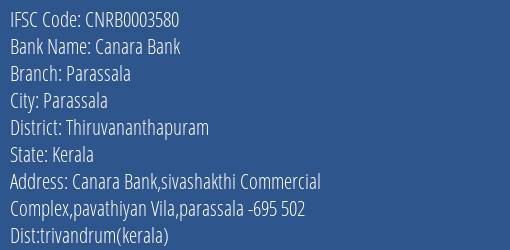 Canara Bank Parassala Branch, Branch Code 003580 & IFSC Code CNRB0003580