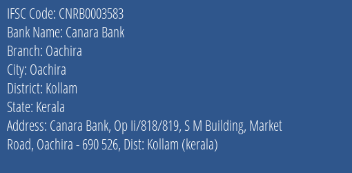 Canara Bank Oachira Branch Kollam IFSC Code CNRB0003583