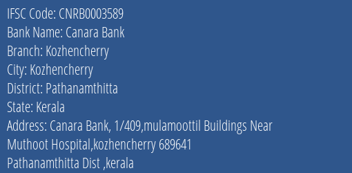Canara Bank Kozhencherry Branch Pathanamthitta IFSC Code CNRB0003589