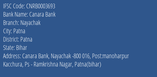 IFSC Code cnrb0003693 of Canara Bank Nayachak Branch