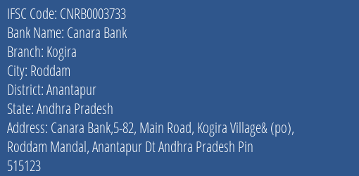 Canara Bank Kogira Branch, Branch Code 003733 & IFSC Code CNRB0003733