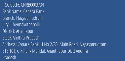 Canara Bank Nagasamudram Branch, Branch Code 003734 & IFSC Code CNRB0003734