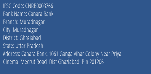 Canara Bank Muradnagar Branch, Branch Code 003766 & IFSC Code CNRB0003766