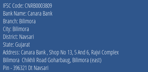 Canara Bank Bilimora Branch Navsari IFSC Code CNRB0003809