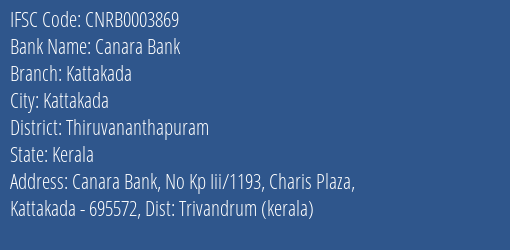 Canara Bank Kattakada Branch, Branch Code 003869 & IFSC Code CNRB0003869