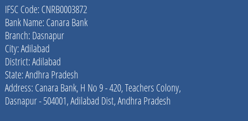Canara Bank Dasnapur Branch, Branch Code 003872 & IFSC Code CNRB0003872