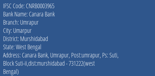 Canara Bank Umrapur Branch Murshidabad IFSC Code CNRB0003965
