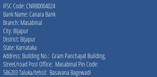 Canara Bank Masabinal Branch Bijapur IFSC Code CNRB0004024