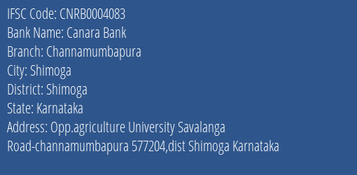 Canara Bank Channamumbapura Branch Shimoga IFSC Code CNRB0004083