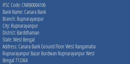 Canara Bank Rupnarayanpur Branch Barddhaman IFSC Code CNRB0004106